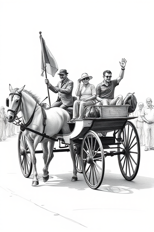 Create a detailed black and white sketch of a vintage horse-drawn carriage with a driver holding a flag, including two passengers in the carriage, and a small boy waving, captured with a Canon EOS R5, 50mm lens, f/8 aperture, ISO 100, and shallow depth of field for enhanced image quality.