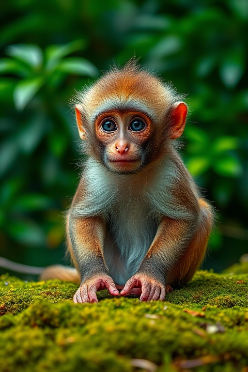 Create a highly detailed portrait of a small, furry monkey sitting on mossy ground with lush green foliage in the background, using a DSLR camera with a 50mm lens, aperture set to f/2.8, ISO 100, and shot from a low angle to enhance depth of field and focus on the subject.