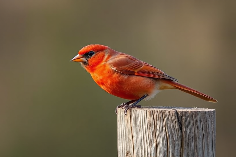 Create an image of a vibrant red bird perched on a rustic wooden post, captured with a Canon EOS R5, using a 100mm f/2.8 macro lens, at ISO 100, aperture f/2.8, and a shutter speed of 1/1000s, in soft natural light with a blurred background for depth.