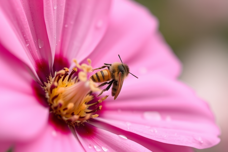 Close-up shot of a pink flower with a bee in the center, capturing details of the petals and water droplets, soft focus background, ISO 100, f/2.8 aperture, 100mm macro lens, DSLR camera, natural light.