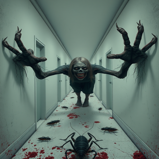 a crooked woman with long arms and a creepy smile is crawling along a long white corridor and you can also see cockroaches in it there is a creepy atmosphere creepy art style