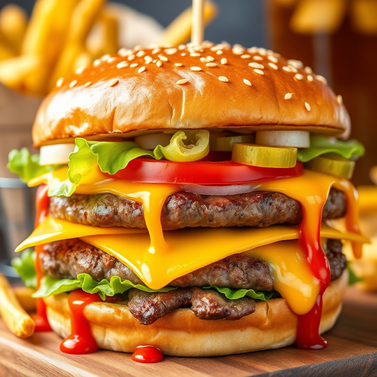 High-resolution, close-up image of a gourmet double cheeseburger. The burger features a glossy, sesame-seed-topped brioche bun. Inside, there are two thick, juicy beef patties, each topped with melted cheddar cheese. The burger is garnished with fresh lettuce, tomato slices, diced onions, and pickles. A generous amount of ketchup and a creamy, orange-colored sauce is dripping down the sides, adding to the mouth-watering appeal. In the background, there are blurred elements including a side of golden French fries and a hint of a beverage, enhancing the overall presentation of a delicious meal.