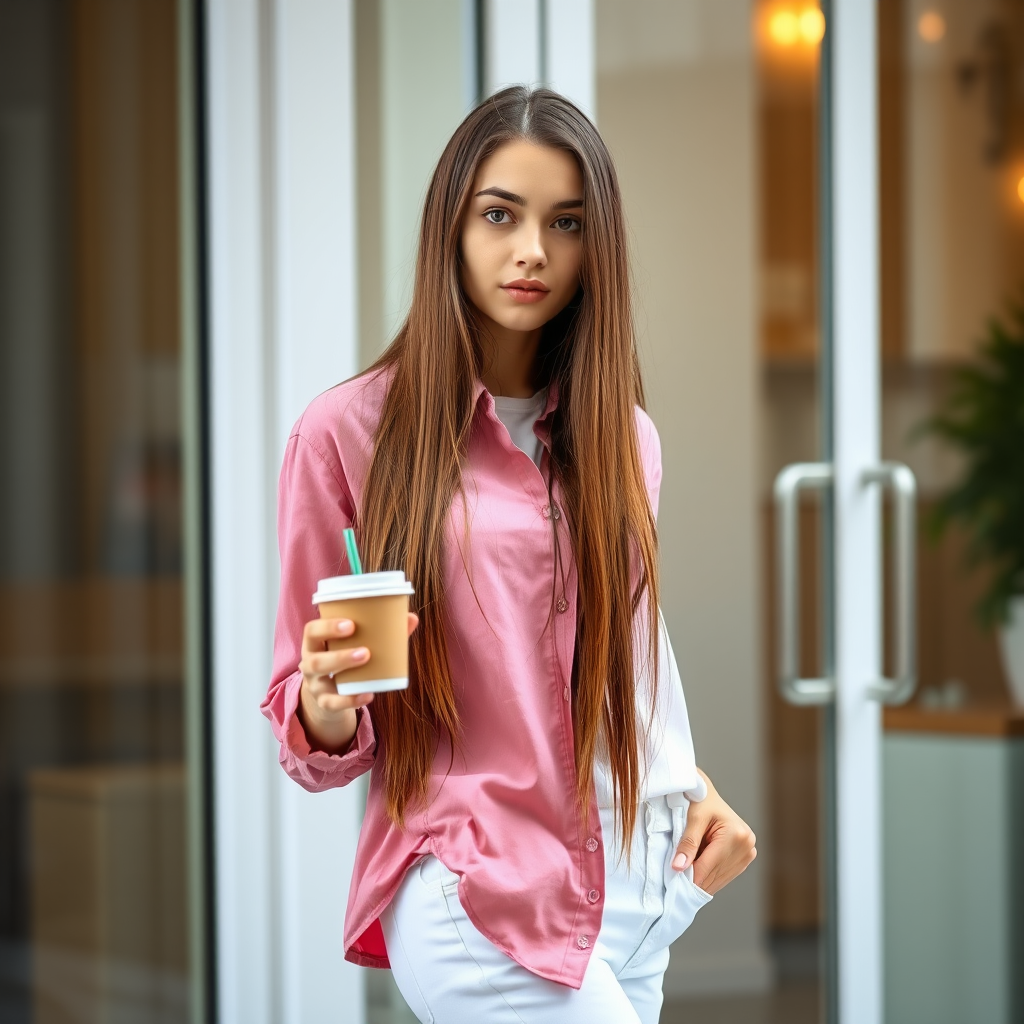 A young woman with long brown hair stands with her back against a glass door, wearing a pink button-down shirt over a white T-shirt and white pants, holding a cup of coffee in her right hand. The woman is looking directly at the viewer, her expression is neutral. Her right hand is tucked into the pocket of her pants while her left hand holds the coffee cup. The lighting is soft and natural, highlighting her features. The background is blurred, with the focus on the woman. The photo is taken from a slightly elevated perspective, showcasing the woman's full figure.