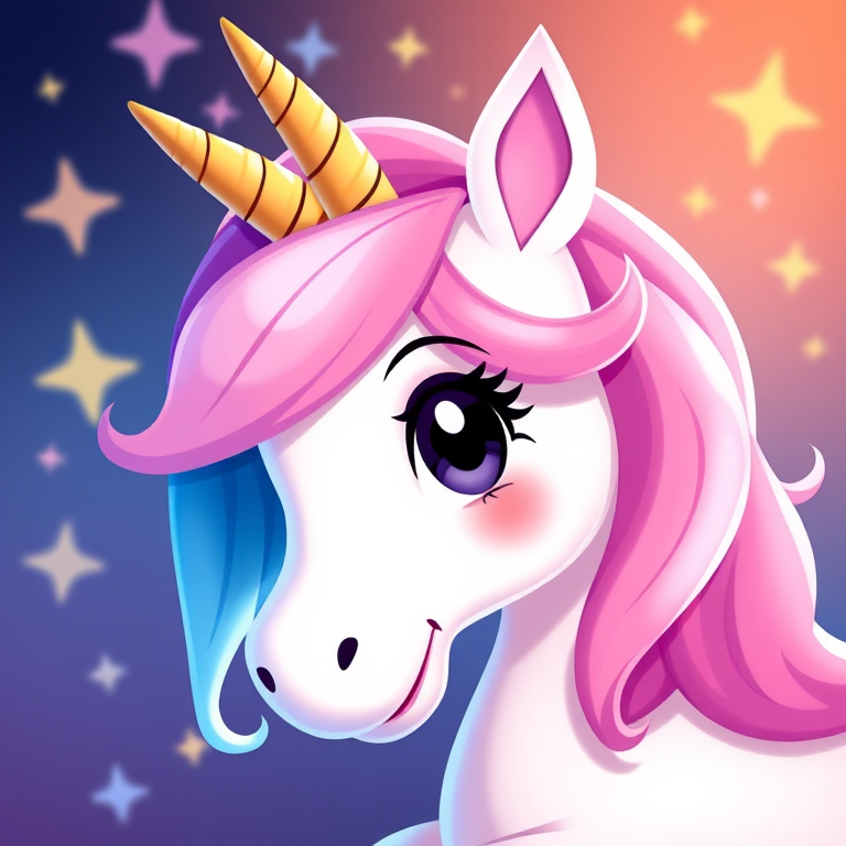 A colorful cartoon unicorn with a pink and blue mane, a golden horn, and stars in the background, captured with a Canon EOS R5, 50mm lens, f/1.8 aperture, 1/200s shutter speed, vibrant colors and high contrast.