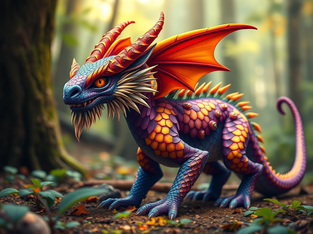 Create an illustrated depiction of a mythical creature with vibrant colors, detailed scales, and intricate patterns in a forest setting, using a full-frame DSLR camera at f/2.8 aperture, ISO 100, and a 50mm lens to achieve a shallow depth of field and sharp focus on the creature while blurring the background for a magical atmosphere.