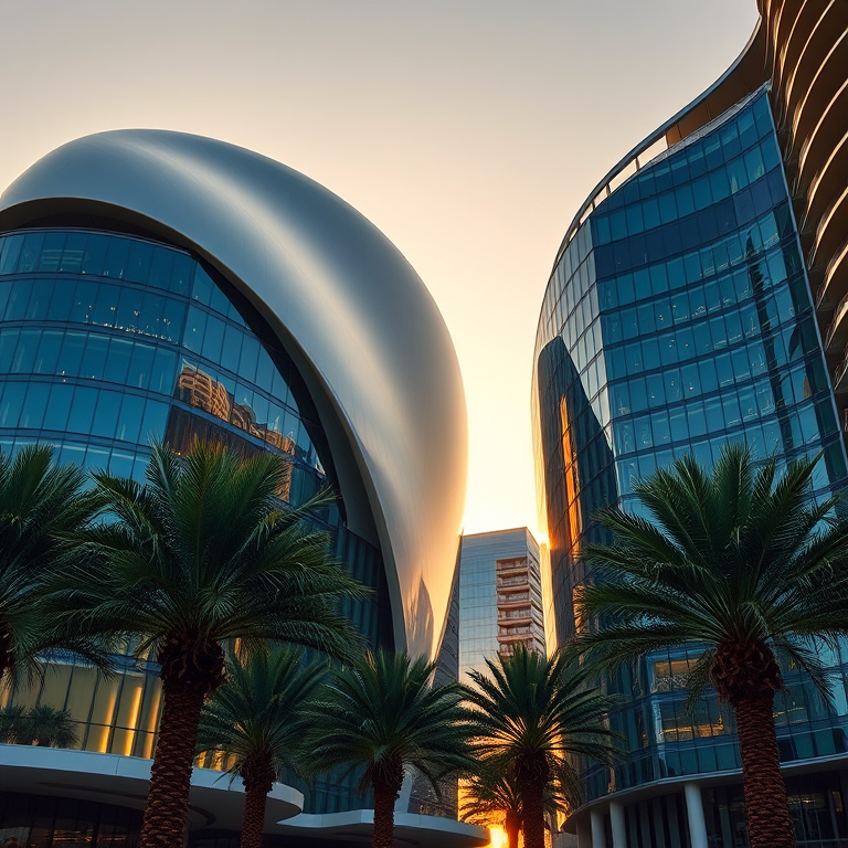 modern architecture featuring futuristic glass buildings with smooth curves and palm trees in the foreground captured at golden hour with a DSLR camera set to f/8 aperture, 1/125 shutter speed, ISO 100, wide-angle view for enhanced depth and clarity