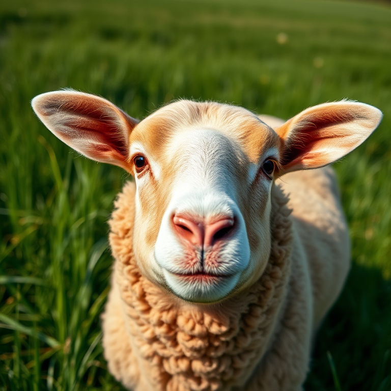Close-up of a sheep with soft brown wool standing in a lush green field, natural lighting, f/2.8 aperture, 50mm lens, ISO 200, taken with a DSLR camera at eye level for enhanced detail and clarity.