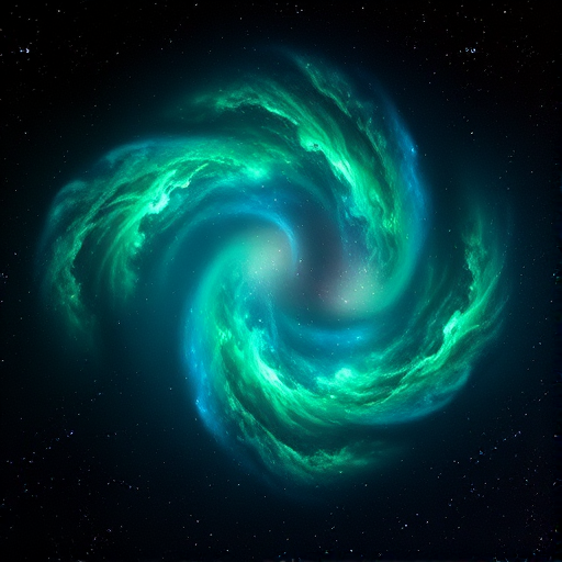 Generate a vibrant cosmic scene with swirling green and blue nebulae against a black starry background, using a DSLR camera, 50mm lens, aperture f/1.8, ISO 400, shutter speed 1/60s, high-resolution setting, and wide-angle view for enhanced depth.