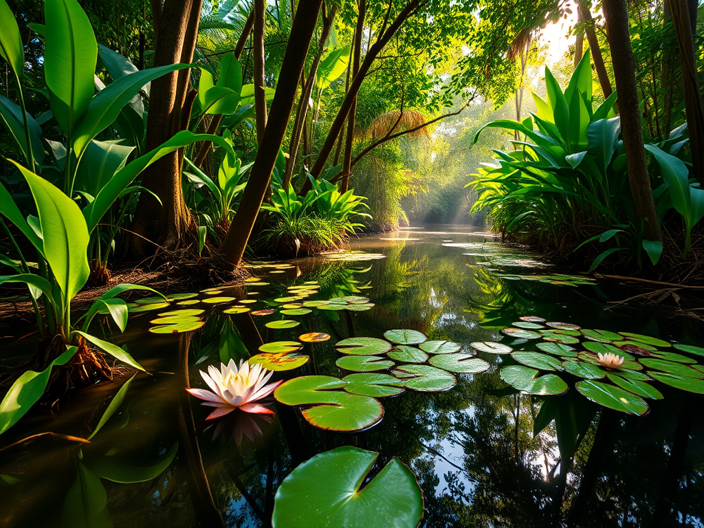 lush jungle river scene with vibrant green foliage and lily pads reflecting in the water, soft morning light filtering through trees, Canon EOS R5, f/2.8, ISO 100, 24mm, macro perspective, high dynamic range, wide-angle lens