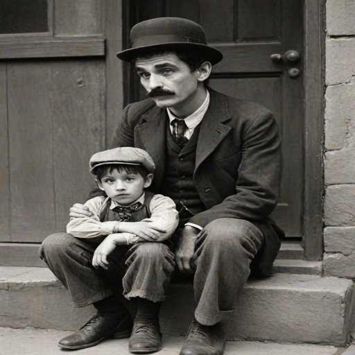 A black-and-white photograph of a man and a child sitting on steps in front of a doorway. The man is dressed as a tramp with a bowler hat, mustache, and ragged clothes, reminiscent of Charlie Chaplin's iconic look. He is sitting with his arms crossed and an expression of slight sadness or frustration. Next to him is a young boy, also in worn clothes and a cap, sitting with his hands clasped, looking thoughtful. The background is an old, textured wall and a partially open door, creating a vintage, early 20th-century atmosphere.