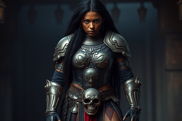 Create a photo of a fierce Yoruba female warrior with long black hair, wearing an ornate, metallic armor. The armor includes a breastplate with intricate designs, shoulder guards, and gauntlets. The breastplate is decorated with a central emblem, possibly representing a mythical symbol, and has a sculpted, form-fitting design. She wears a belt with a large skull ornament at the center, and her armor extends into a partial skirt, revealing one leg. The overall look is both protective and stylish, with a dark, gothic aesthetic. The background is dimly lit, suggesting a medieval or fantasy setting, enhancing the warrior's imposing presence and intense expression.