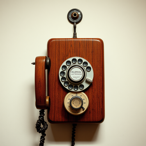 Regenerate an image of a vintage rotary phone mounted on a wall, with detailed wood grain and shiny metallic parts, captured with a Canon EOS 5D Mark IV, 50mm f/1.8 lens, settings: ISO 100, aperture f/2.8, shutter speed 1/60s, overhead view, sharp focus, and high dynamic range for enhanced image quality.