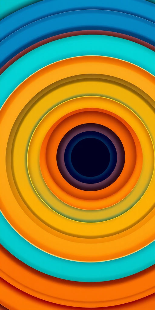 Create a vibrant abstract pattern of concentric circles in shades of blue, teal, and orange, emphasizing depth and layering, shot with a DSLR camera at f/8 aperture, 50mm lens, ISO 100, under natural light, using a macro style to capture intricate details.
