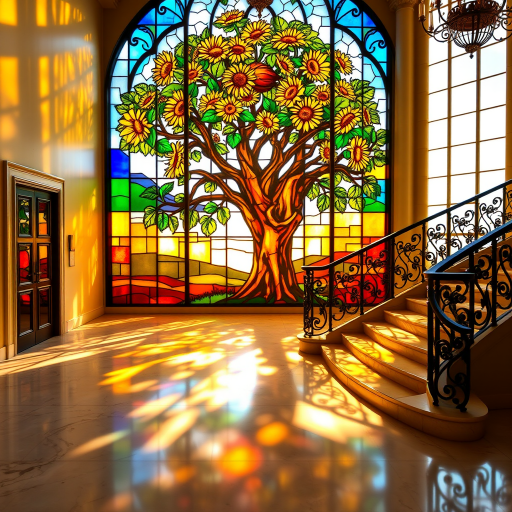 A stained glass window featuring a large, vibrant tree with blooming sunflowers as its focal point. The sunlight passes through the glass, casting multicolored shadows across the floor and a grand, curved staircase with ornate iron railings. The overall ambiance is warm, with golden sunlight enhancing the vivid colors of the stained glass, creating a serene and artistic atmosphere in a spacious room with polished marble floors. The scene is elegant and peaceful, with a blend of nature and architectural beauty.
