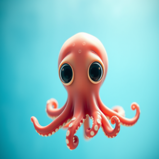 create a cute cartoon octopus with big eyes swimming in a light blue underwater scene, soft light, focal length 50mm, aperture f/4, ISO 100, taken with a DSLR camera for high clarity