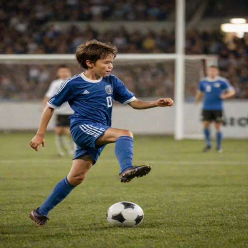 Blurry action shot of a young soccer player kicking a ball towards the goal, the ball captured in mid-flight, soft focus on the cheering crowd in the background.