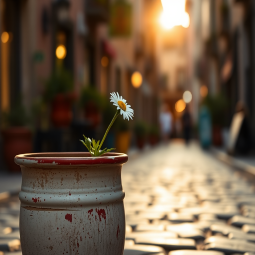a close-up of a single daisy in a weathered pot on a cobblestone street during golden hour, background softly blurred with warm bokeh, aperture f/2.8, shutter speed 1/200s, ISO 100, 50mm lens, DSLR camera