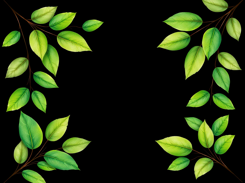 create a watercolor illustration of green leaves forming a square frame, with a solid black background, using a Canon EOS 5D Mark IV, with a 50mm lens, aperture f/2.8, ISO 100, and soft natural lighting