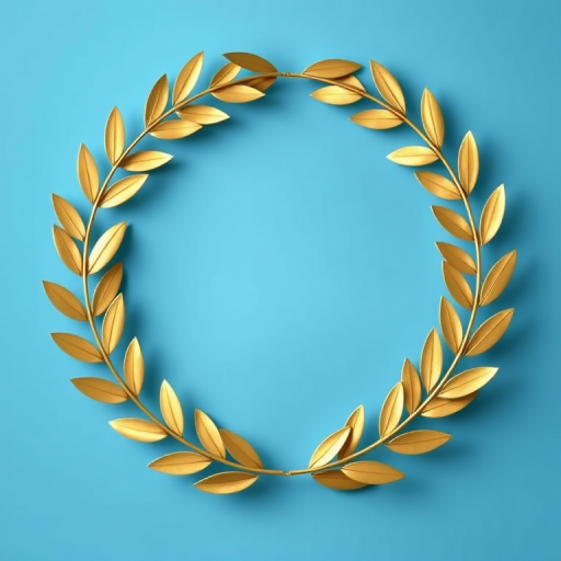 Regenerate a high-resolution image of a golden laurel wreath on a plain blue background using a DSLR camera, aperture f/2.8, ISO 100, 50mm lens, in natural light, close-up view for enhanced detail and clarity.