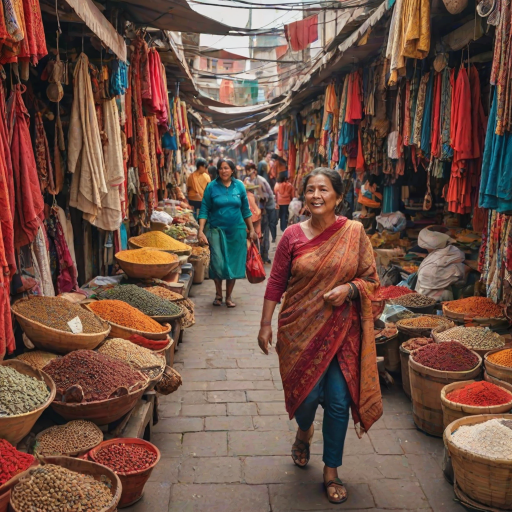 Woman walking through a bustling city market, the smell of spices in the air, vibrant fabrics hanging from stalls, as she haggles with a local vendor for souvenirs.