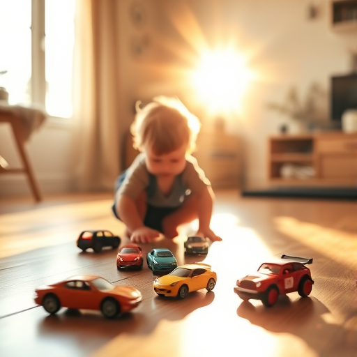 Warm, intimate image of a child playing with toy cars on a wooden floor, soft sunlight streaming through a nearby window, the smell of fresh coffee in the air, and a sense of quiet playfulness.