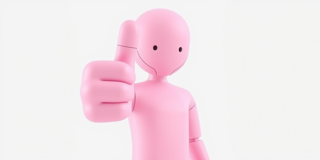 Create a 3D model of a humanoid figure with a smooth, featureless surface, holding a large pink thumbs-up hand, set against a clean white background, using a Canon EOS R5 camera, 50mm lens, f/2.8 aperture, ISO 100, in a studio lighting setup.