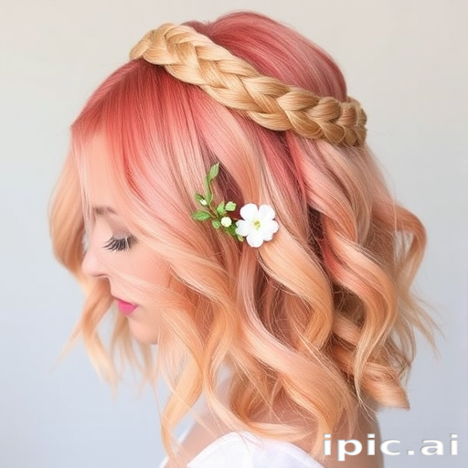 Soft peach to coral gradient named "Sunset Haze" styled in loose, romantic curls with a braided crown and delicate floral accents woven throughout