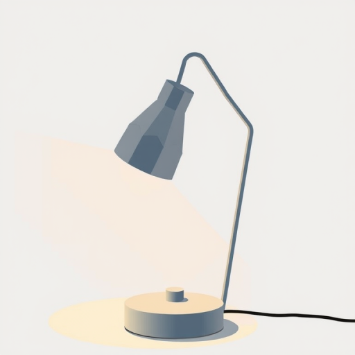 Create a high-quality vector illustration of a desk lamp with a modern design, using a neutral background; camera settings: ISO 100, aperture f/8, shutter speed 1/125; camera view: close-up; camera style: flat lay; camera type: DSLR.