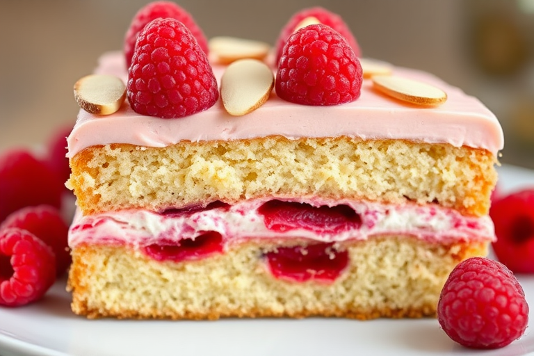 A slice of layered cake with raspberry filling and frosting topped with raspberries and almond slices, showcasing a moist texture and vibrant colors.