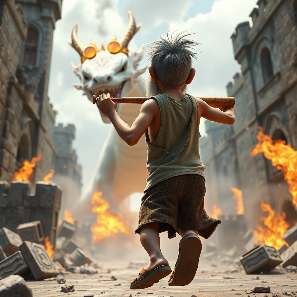 Cartoon 3D High-Resolution,dynamic battle scene using Unreal Engine 5 and Octane Render. The scene features back of an elderly, thai man with a beard,messy hair and round golden-rimmed glasses. He is wearing a tattered tank top with soot marks, shorts, and sandals. sweating. he wields a baseball bat. He jump to fight with a white fire-breathing Europe dragon amidst a partially destroyed stone castle. Include intense flames, smoke, and debris to enhance the dramatic effect.