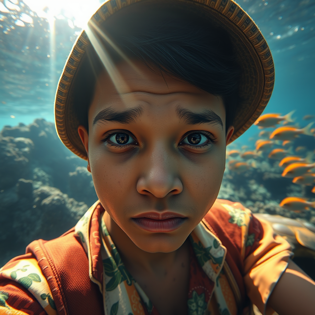 Realistic selfie image of a Tongan, wearing a vintage outfit, detailed dreamy eyes, droopy hooded eyes, staring at the camera, taken underwater at coral reef with a sunbeam filtering through the water, vibrant, summer vacation, natural lighting, turtle and school of tropical fish with vibrant colors, rendered in the style of CryEngine, Pegi Nicol MacLeod, with realistic genre scenes, hauntingly beautiful narratives, ultra-realism, and Thomas Saliot's close-up technique, 8K resolution, crystal clear and sparkling water.