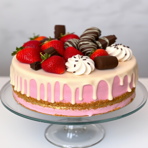 A beautifully decorated cake with pink frosting and a white chocolate drip, topped with assorted strawberries and chocolate-covered treats, displayed on a glass cake stand with a soft blurred background.