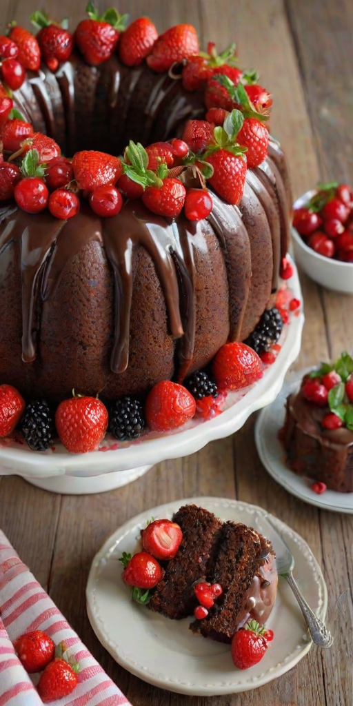 Create an image of a chocolate bundt cake adorned with fresh strawberries and red currants. The cake should have a smooth, glossy finish and be placed on an elegant serving plate. Surround the cake with additional strawberries and red currants for a vibrant presentation. Use a rustic wooden table as the background to enhance the natural feel.