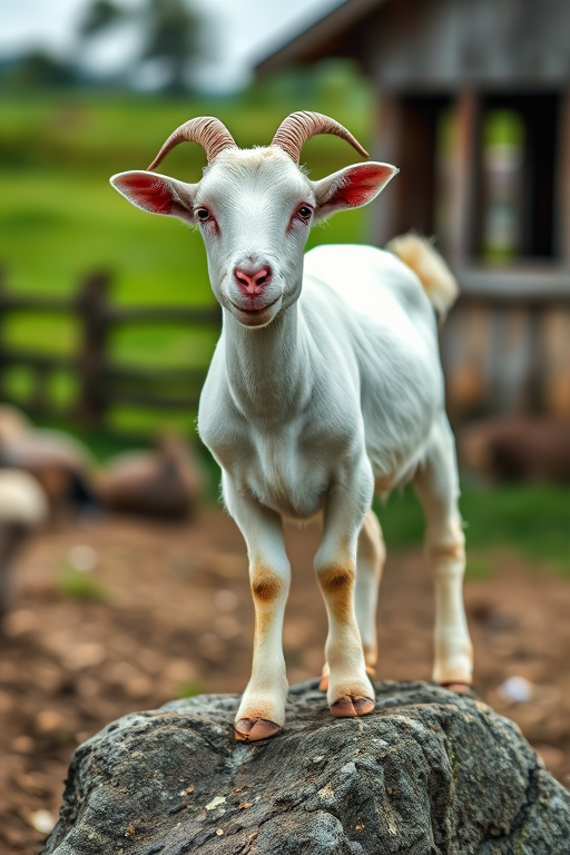 a close-up view of a white goat standing on a rock in a farm setting, soft focus background, taken with a Canon EOS R5, 50mm lens, f/2.8, ISO 400, shutter speed 1/200s, natural lighting