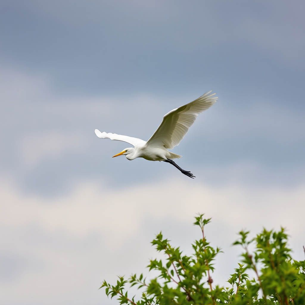 A white egret in mid-flight against a cloudy sky, captured with a DSLR camera using a 400mm lens, aperture set to f/5.6, ISO 200, and a shutter speed of 1/1000s for sharp focus, shot from a low angle to emphasize the bird's wings and surrounding greenery.