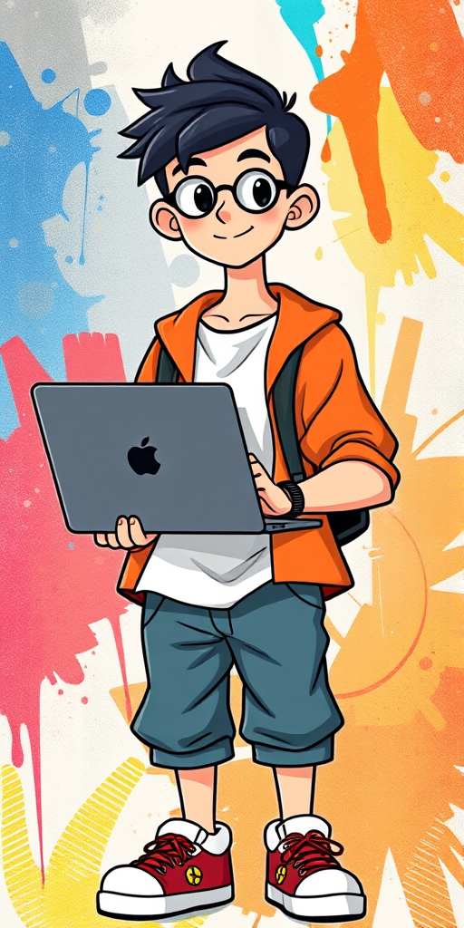 Create a vibrant illustration of a character in a casual outfit holding a laptop, set against a colorful abstract background, captured with a Canon EOS R5 camera, 50mm lens, f/1.8 aperture, ISO 100, in portrait orientation with soft diffused lighting.