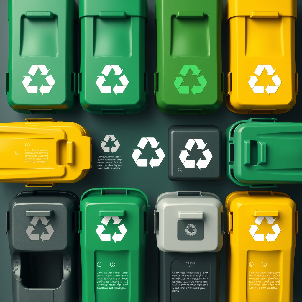 Create a detailed infographic of recycling bins in various colors (green, yellow, gray) with recycling symbols, high-resolution digital art style, camera settings: f/5.6, ISO 100, 1/125s, top-down view, shot with a DSLR camera.