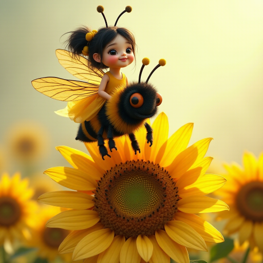 a whimsical cute girl with big eyes, big hair and flowing dress, riding astride a bumble bee, and flying across the top of the sunflower, which are just waking up, and catching dew drop of rain