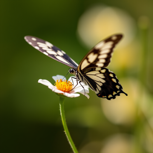 macro shot of a black and white butterfly perched on a delicate flower with a softly blurred background, aperture f/2.8, shutter speed 1/100s, ISO 200, 50mm lens, natural lighting, DSLR camera
