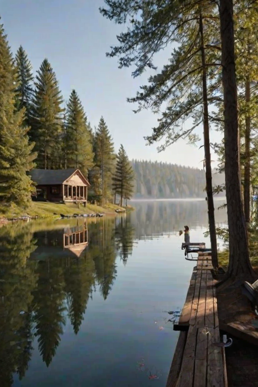 Quiet lakeside cabin, the lake's surface still as glass, reflecting the clear sky, a woman sits on the porch swing, sipping from a steaming mug as she watches the birds fly across the water.