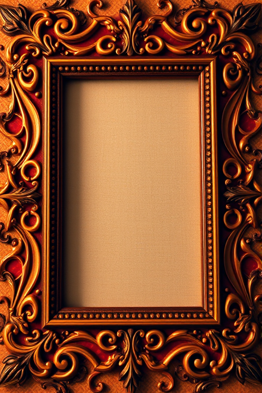 Create a vivid, high-resolution illustration of an ornate decorative frame with intricate patterns and warm colors, shot with a DSLR camera at f/2.8, 50mm lens, ISO 100, in natural light, using a macro style focus for enhanced detail.