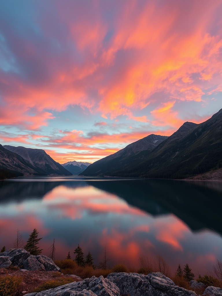 high-resolution image of a serene landscape featuring a calm lake surrounded by mountains at sunset with vibrant colors in the sky, captured with a Canon EOS R5, 24mm lens, f/8 aperture, ISO 200, using a wide-angle view and HDR style