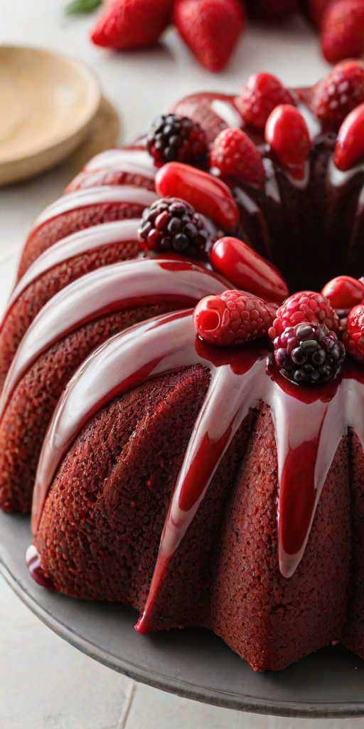Create an image of a red velvet bundt cake with a rich texture, featuring a glossy glaze and decorative fruit accents on top. The cake should be displayed on a simple white background to highlight its vibrant color and intricate design.