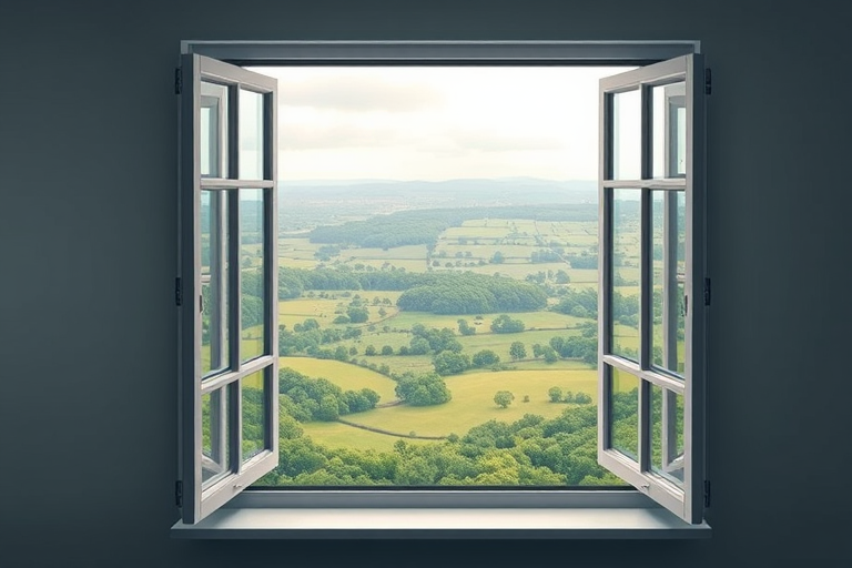 Create a digital illustration depicting an open window with a view of a green landscape, using a soft focus effect, camera settings: f/2.8, ISO 100, shutter speed 1/125s, aerial view, in a modern graphic design style with high resolution.