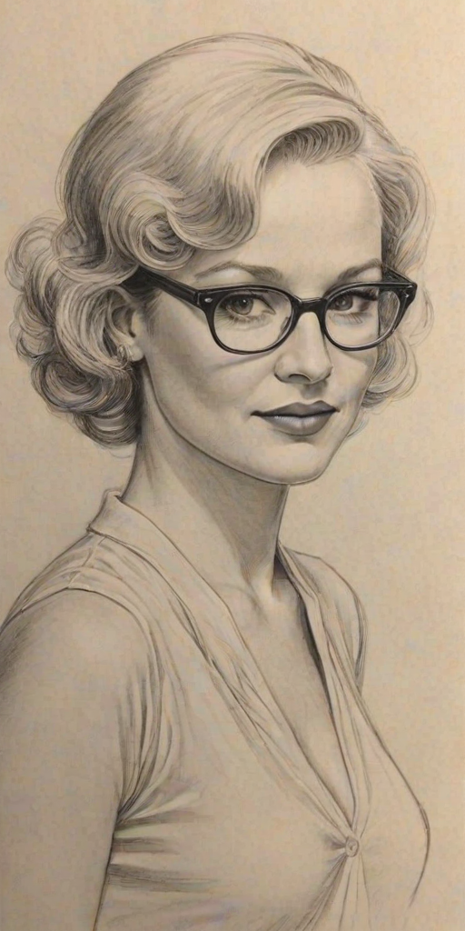 Superb Christine Ebersole, pencil sketch, portrait of Sublime woman 1934s in glasses, hair style beatnik, outline, clear lines, fine lines, 8k