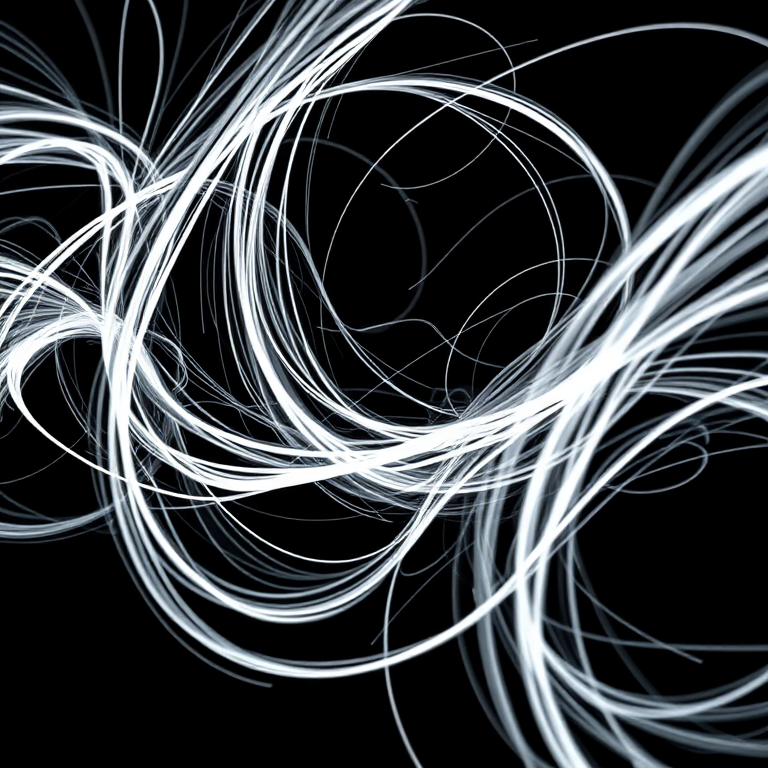 Create a high-resolution abstract digital art image featuring swirling white and black lines and shapes set against a dark background, captured with a Canon EOS R5 at f/2.8, ISO 100, 1/100s shutter speed, wide-angle lens, and a low-angle view to enhance depth and detail.