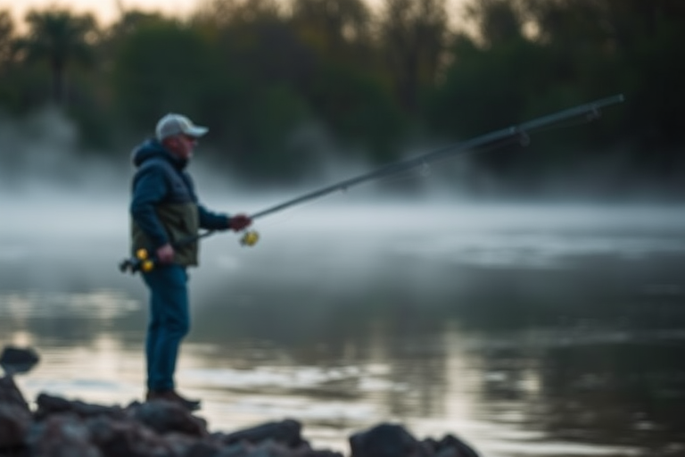 Blurry candid shot of a fisherman casting his line into a quiet river at dawn, with soft mist rising from the water and trees softly blurred in the background.
