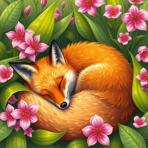 Generate a colorful illustration of a sleeping orange fox curled up among vibrant green leaves and pink flowers with high resolution, ISO 100, f/4, 50mm lens, natural light, digital art style.