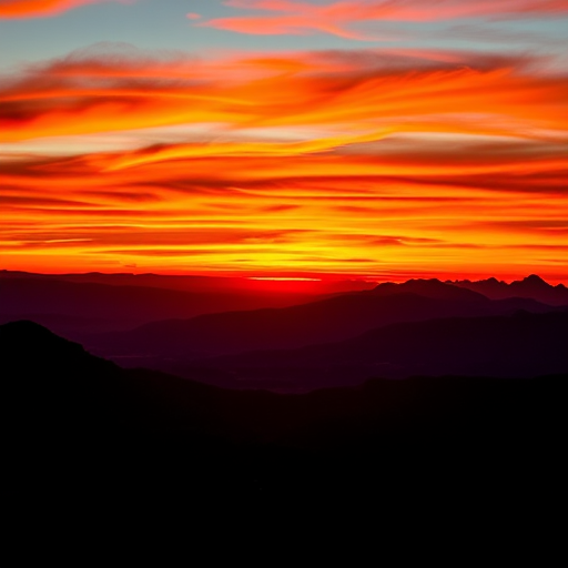 a vibrant sunset over mountains with layered silhouettes, warm colors in the sky, sharp details in the foreground, captured with a Canon EOS R5, 24mm lens, f/8 aperture, ISO 100, wide-angle view, HDR imaging for enhanced dynamic range