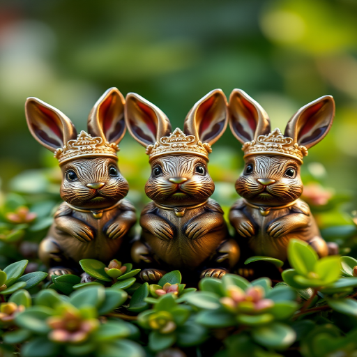 Three ornate bunny figurines wearing golden crowns, displayed on a bed of green foliage, shot with a 50mm lens at f/1.8, ISO 100, and a soft focus background in natural light, macro photography style.